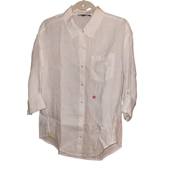 Charlie B Womens Shirt Size XS White Star Button Down Collared Pure Linen - Picture 1 of 8